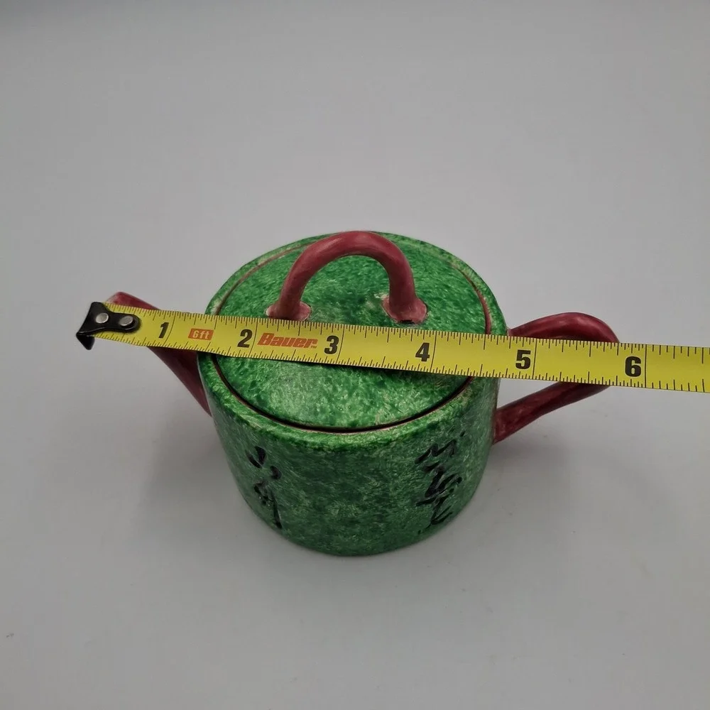 Vintage MMA Metropolitan Museum of Art Green Ceramic Teapot Miniature Calligraph